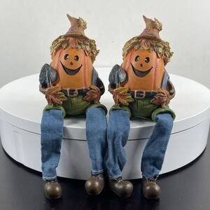 (2) Halloween Pumpkin in Jeans Figurine Shelf Sitter 3.5" Whimsical Decor